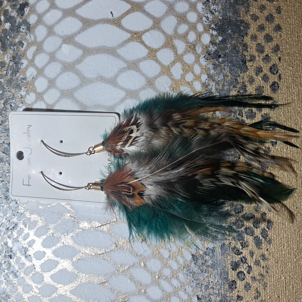Feather Earrings - Teal and Brown